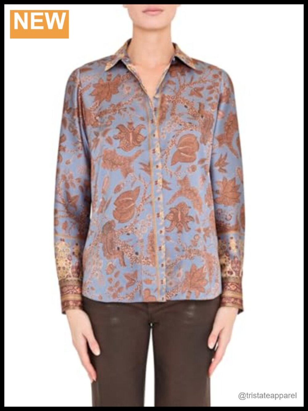 Printed Long Sleeve Blouse Collared Neck Polyester Womens Top